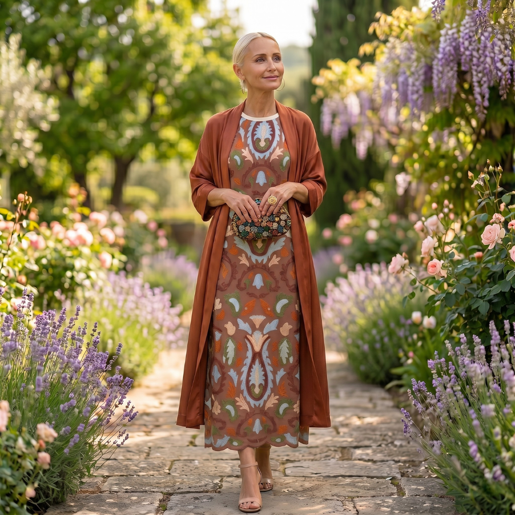 Aura | Vestido largo estampado con chaleco a juego