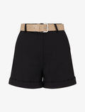 Shorts lisos con dobladillo y cinturón - Negro