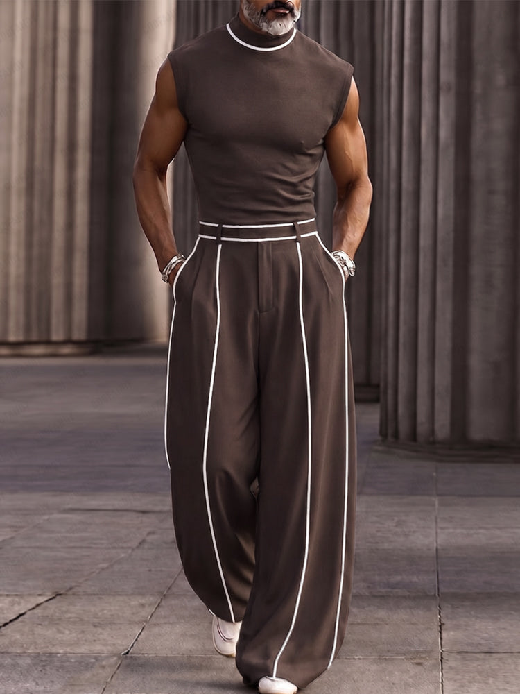 Fashion Contrast Stripe Mock Neck Matching Set