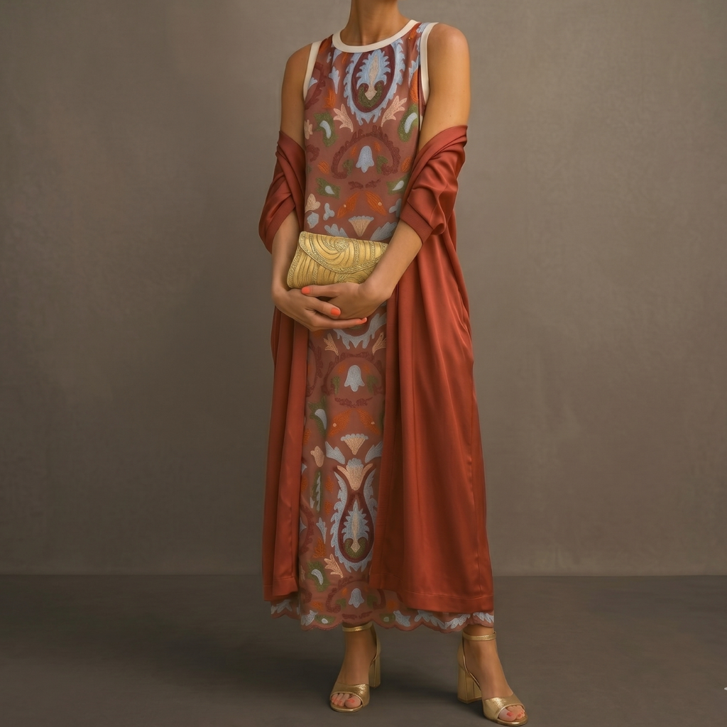 Aura | Vestido largo estampado con chaleco a juego