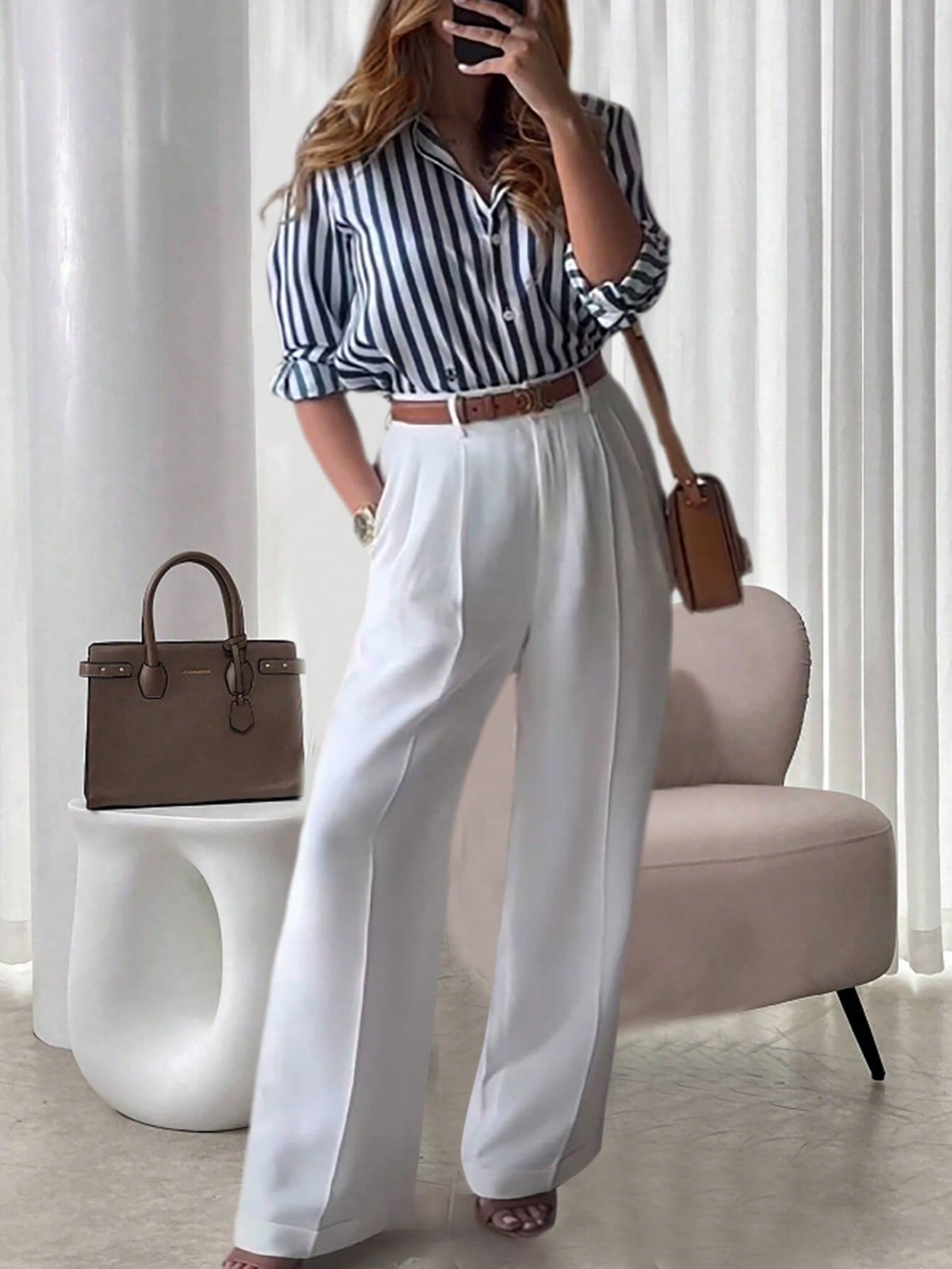 Striped Collar Casual Shirt And White Straight-Leg Pants Combination, Simple And Versatile Outfit
