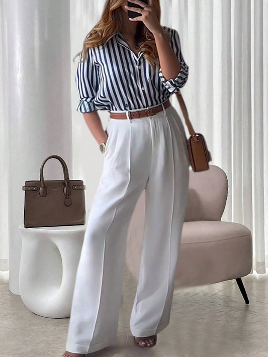 Striped Collar Casual Shirt And White Straight-Leg Pants Combination, Simple And Versatile Outfit