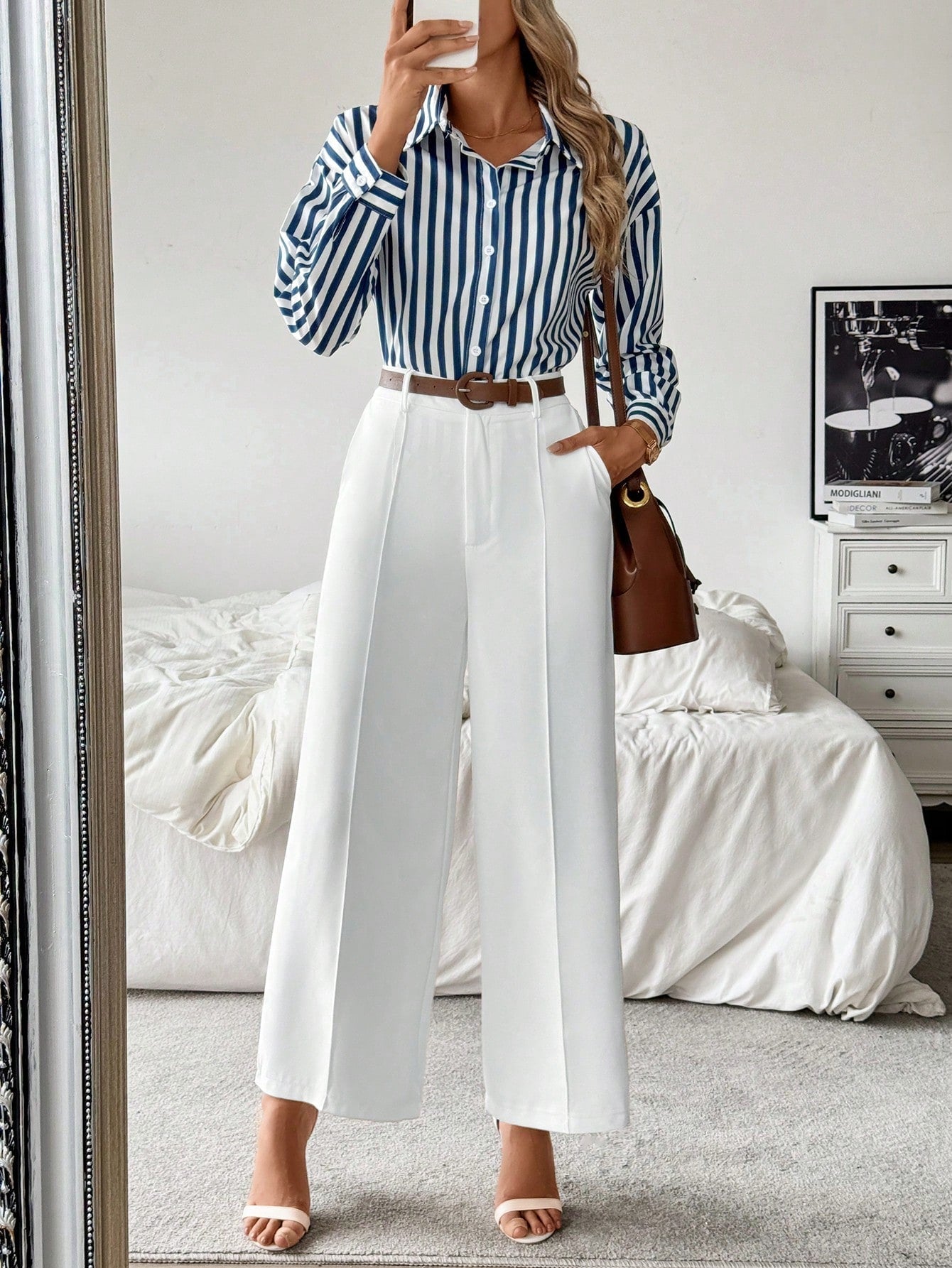 Striped Collar Casual Shirt And White Straight-Leg Pants Combination, Simple And Versatile Outfit