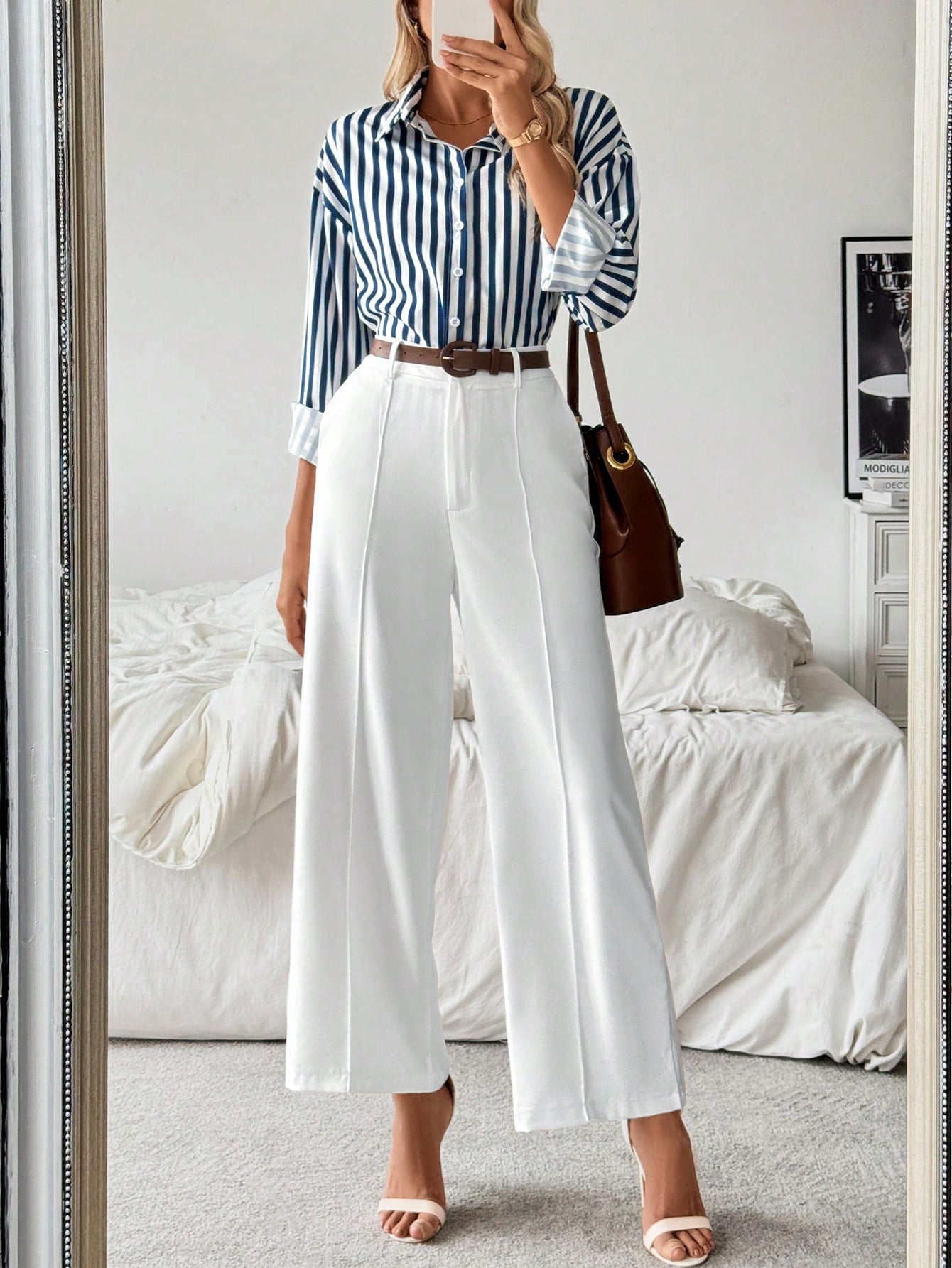 Striped Collar Casual Shirt And White Straight-Leg Pants Combination, Simple And Versatile Outfit