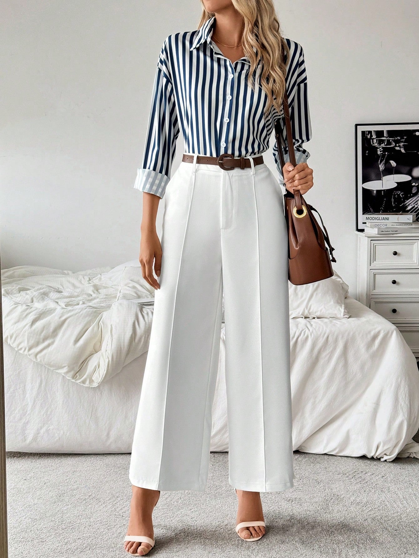 Striped Collar Casual Shirt And White Straight-Leg Pants Combination, Simple And Versatile Outfit