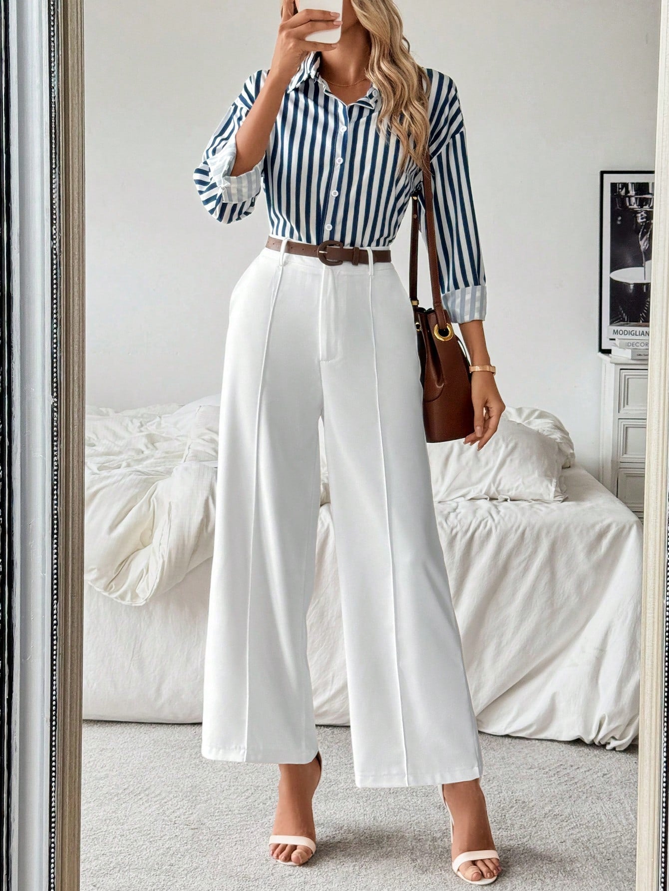 Striped Collar Casual Shirt And White Straight-Leg Pants Combination, Simple And Versatile Outfit